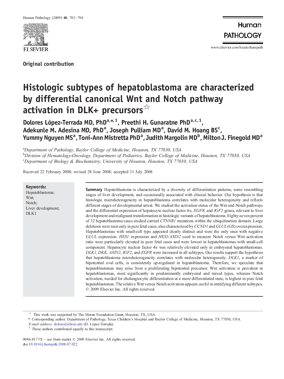 Histologic subtypes of hepatoblastoma are characterized by differential canonical Wnt and Notch pathway activation in DLK+ precursors 