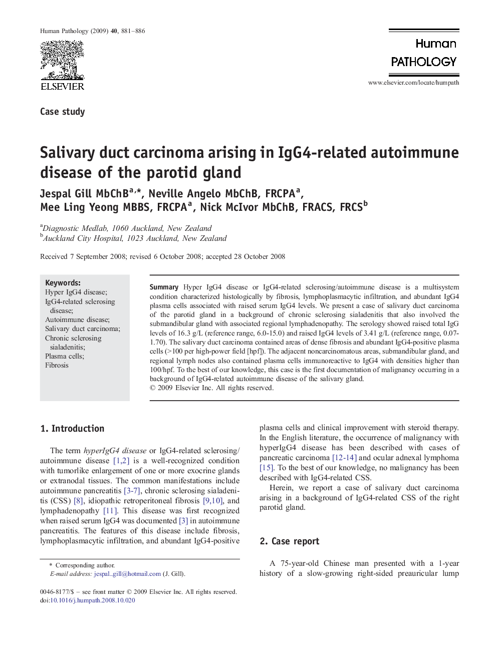 Salivary duct carcinoma arising in IgG4-related autoimmune disease of the parotid gland