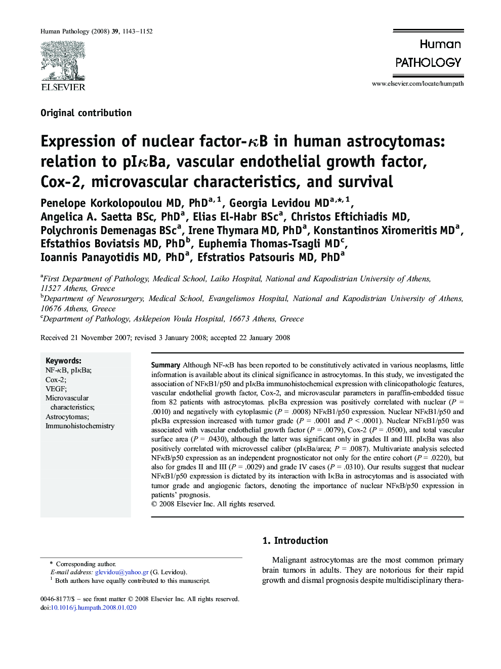 Expression of nuclear factor-κB in human astrocytomas: relation to pIκBa, vascular endothelial growth factor, Cox-2, microvascular characteristics, and survival