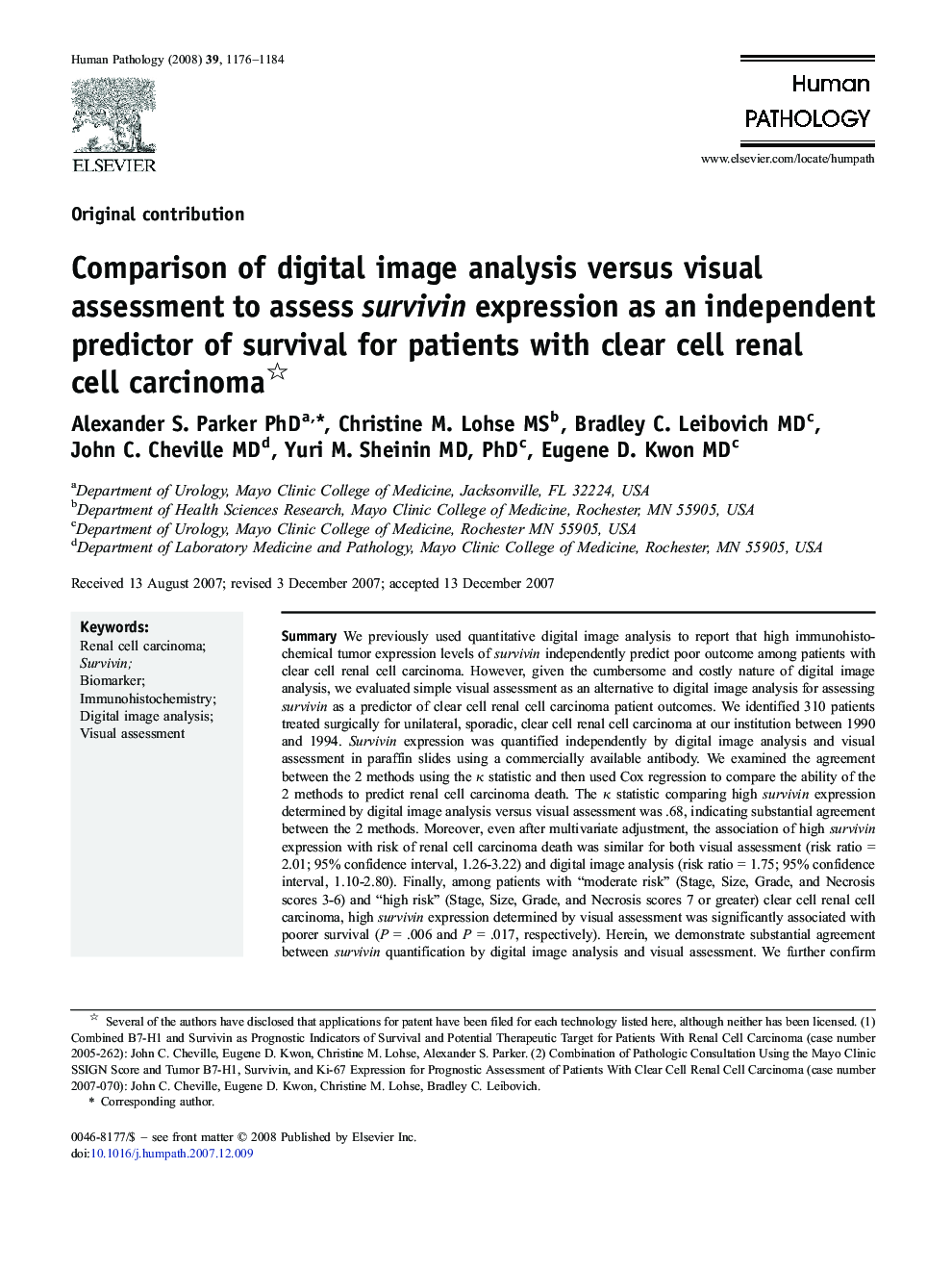 Comparison of digital image analysis versus visual assessment to assess survivin expression as an independent predictor of survival for patients with clear cell renal cell carcinoma 