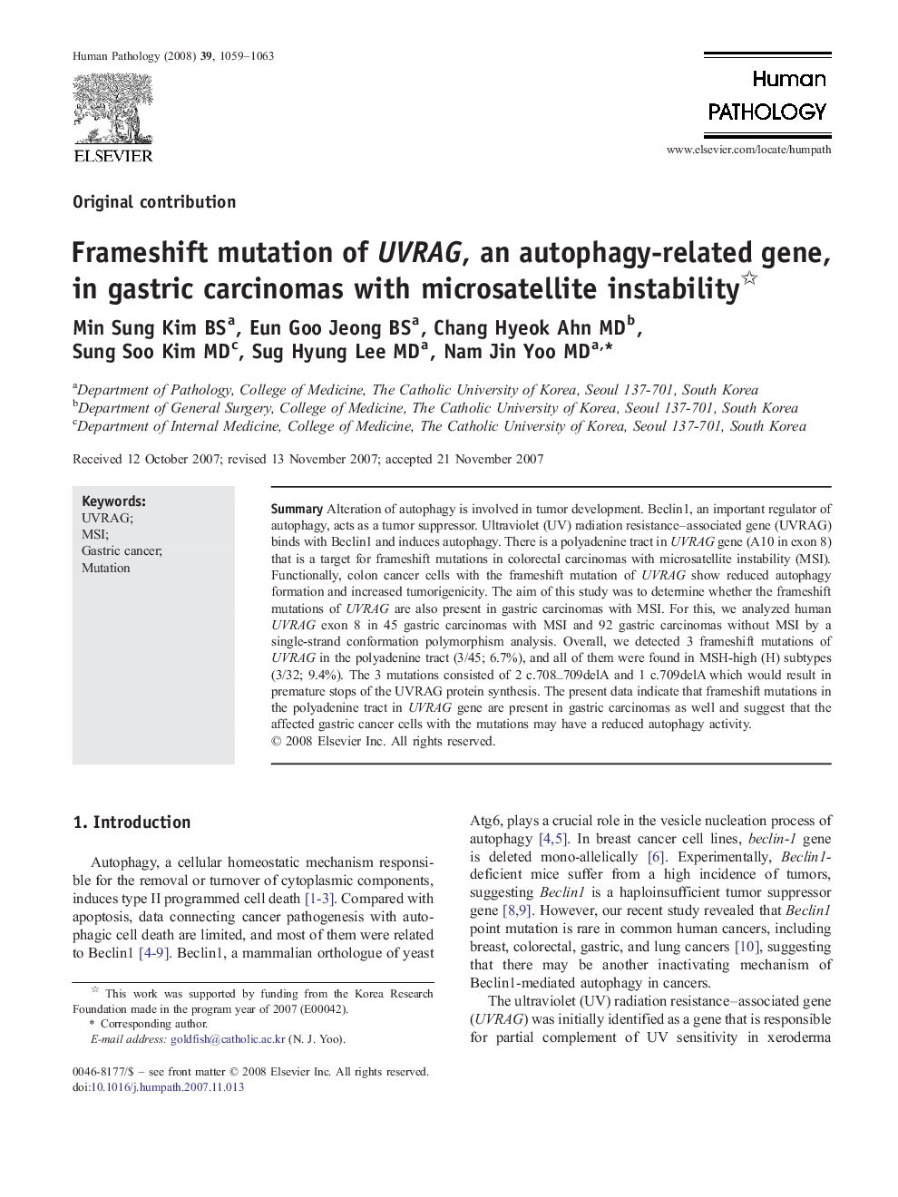 Frameshift mutation of UVRAG, an autophagy-related gene, in gastric carcinomas with microsatellite instability 