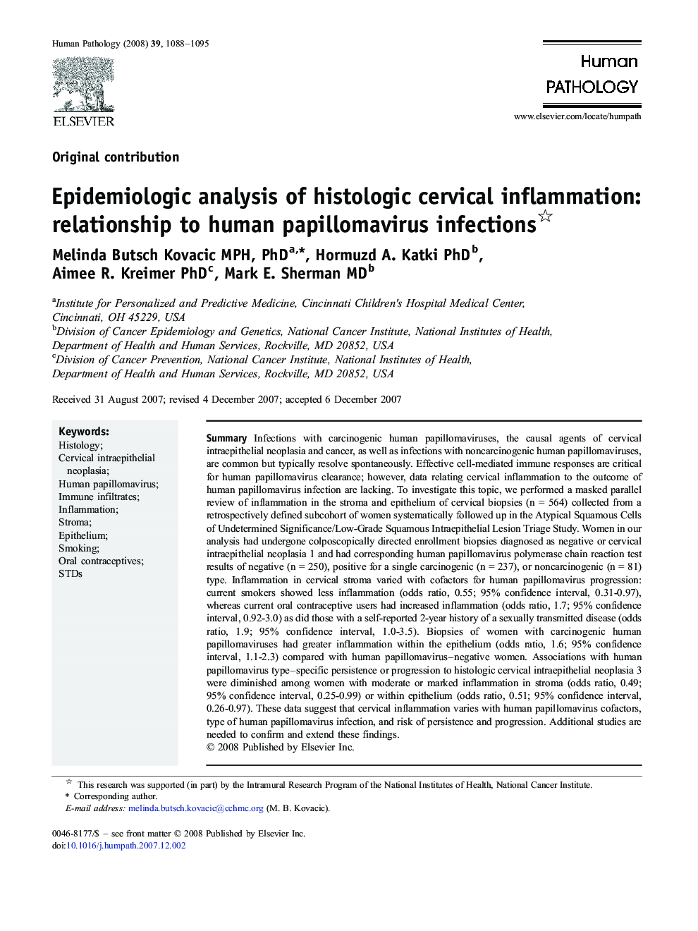 Epidemiologic analysis of histologic cervical inflammation: relationship to human papillomavirus infections 
