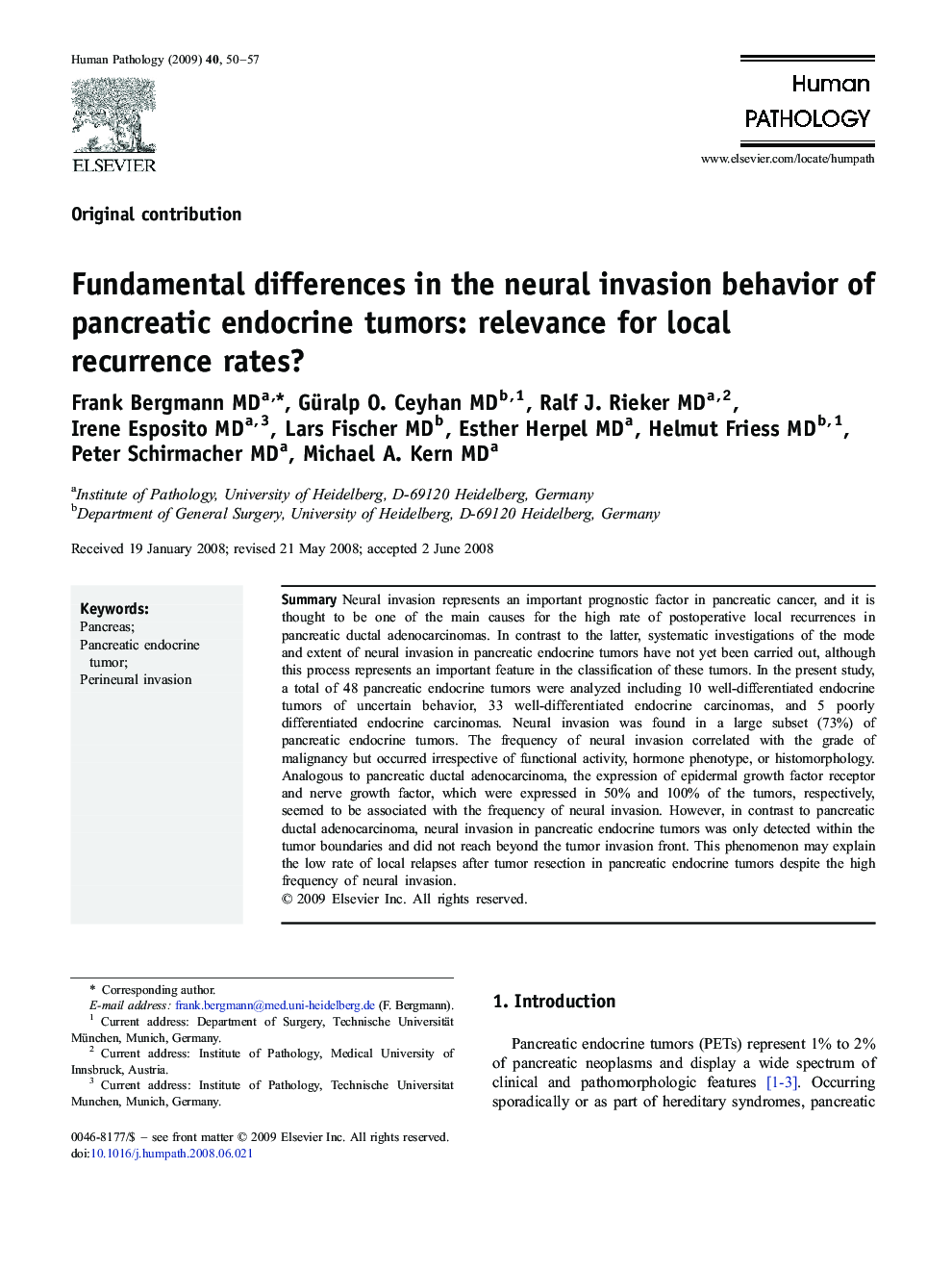 Fundamental differences in the neural invasion behavior of pancreatic endocrine tumors: relevance for local recurrence rates?