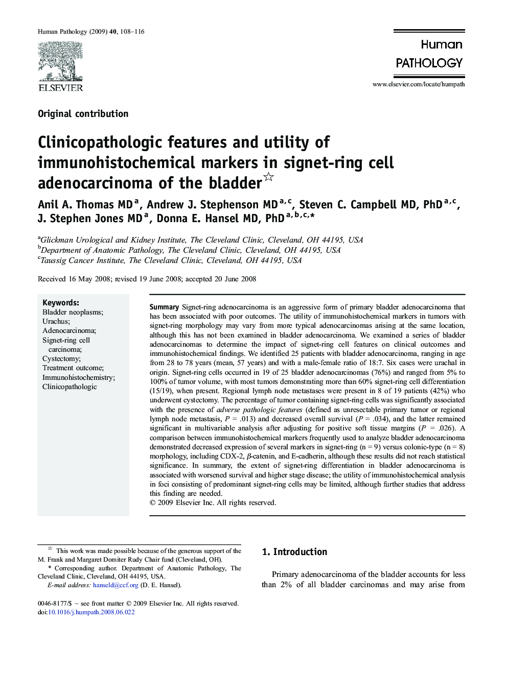 Clinicopathologic features and utility of immunohistochemical markers in signet-ring cell adenocarcinoma of the bladder 