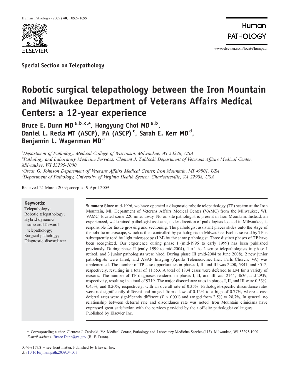 Robotic surgical telepathology between the Iron Mountain and Milwaukee Department of Veterans Affairs Medical Centers: a 12-year experience