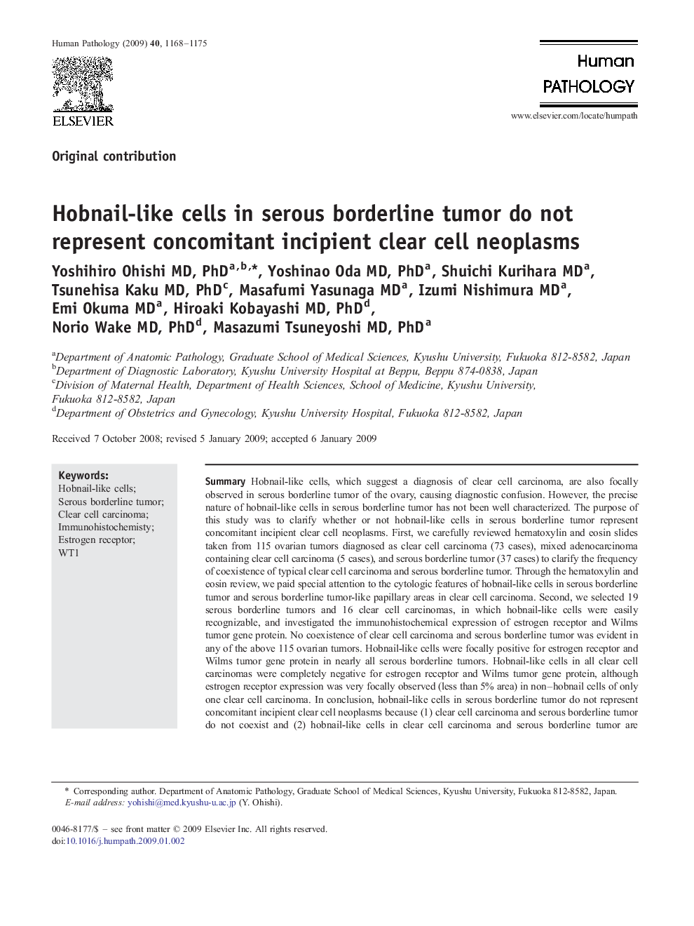 Hobnail-like cells in serous borderline tumor do not represent concomitant incipient clear cell neoplasms