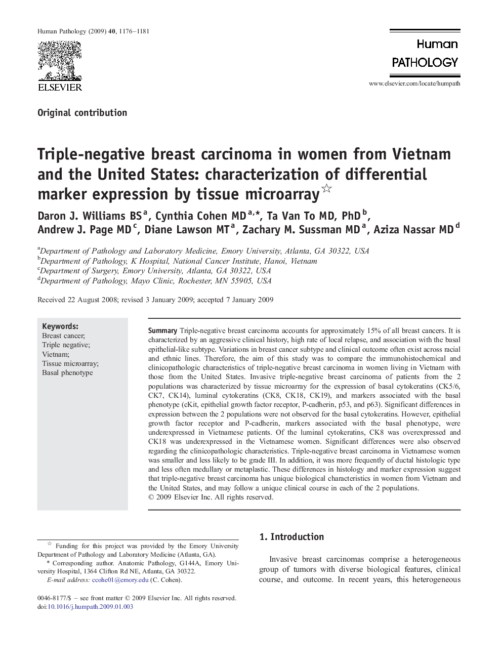 Triple-negative breast carcinoma in women from Vietnam and the United States: characterization of differential marker expression by tissue microarray 