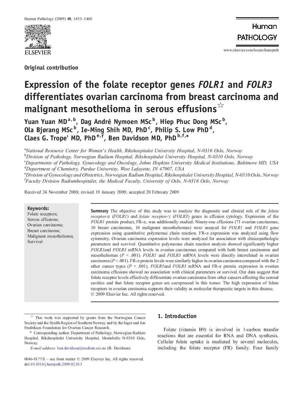 Expression of the folate receptor genes FOLR1 and FOLR3 differentiates ovarian carcinoma from breast carcinoma and malignant mesothelioma in serous effusions 