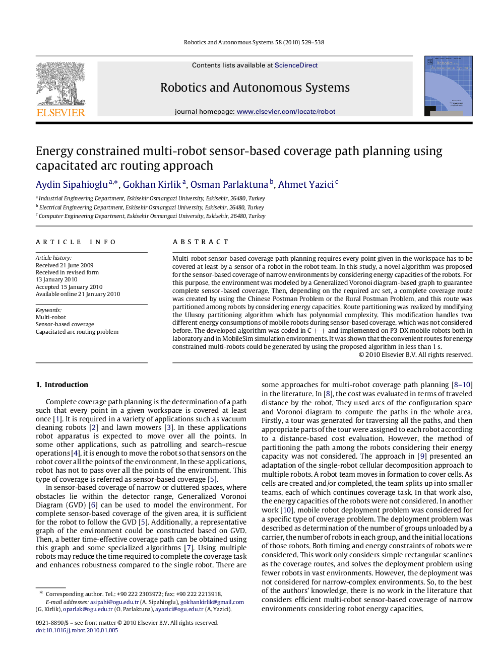 Energy constrained multi-robot sensor-based coverage path planning using capacitated arc routing approach