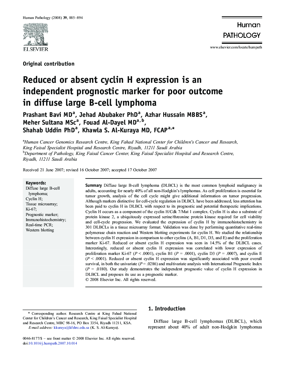 Reduced or absent cyclin H expression is an independent prognostic marker for poor outcome in diffuse large B-cell lymphoma