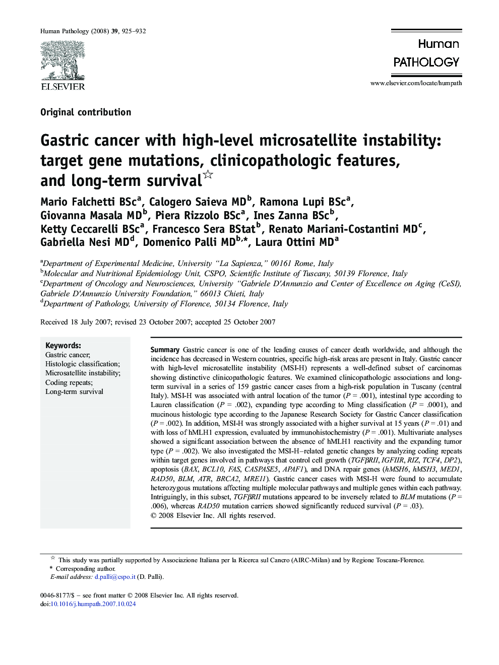 Gastric cancer with high-level microsatellite instability: target gene mutations, clinicopathologic features, and long-term survival 