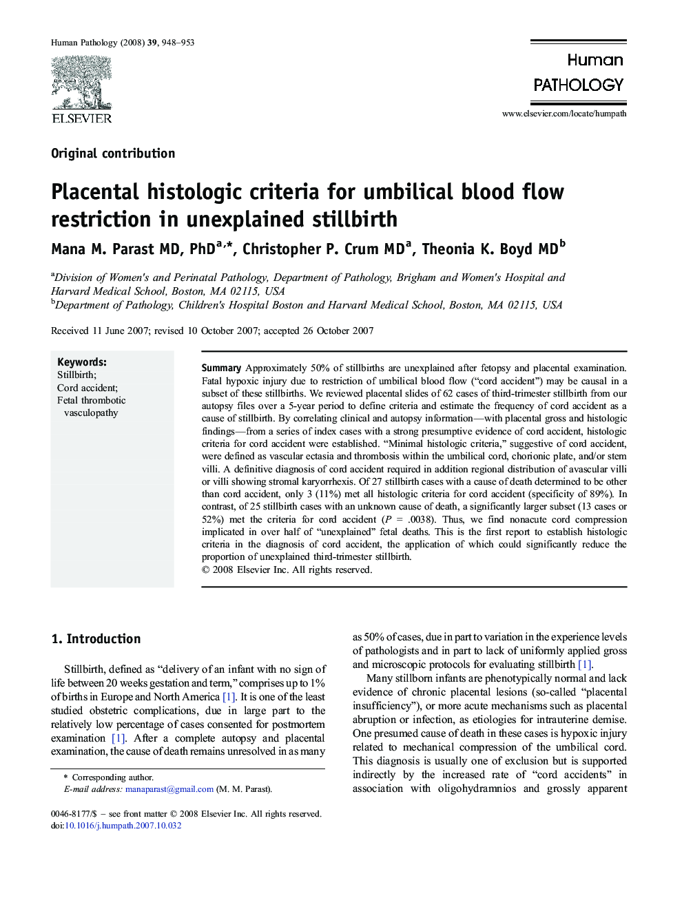 Placental histologic criteria for umbilical blood flow restriction in unexplained stillbirth