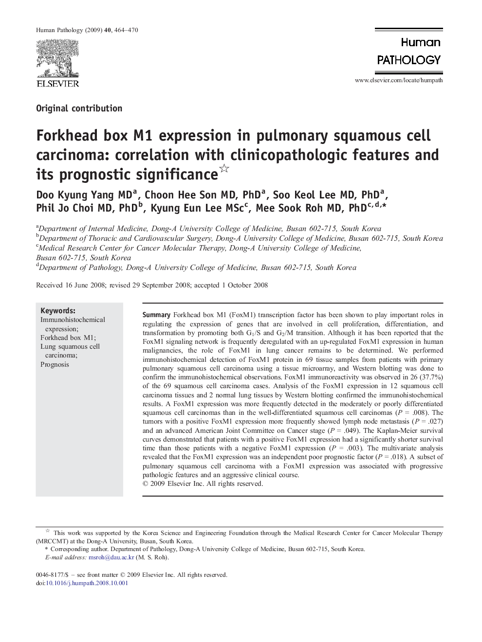 Forkhead box M1 expression in pulmonary squamous cell carcinoma: correlation with clinicopathologic features and its prognostic significance 