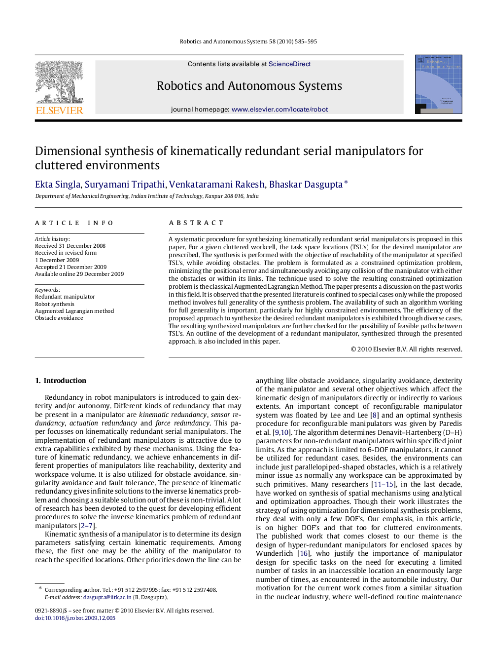 Dimensional synthesis of kinematically redundant serial manipulators for cluttered environments