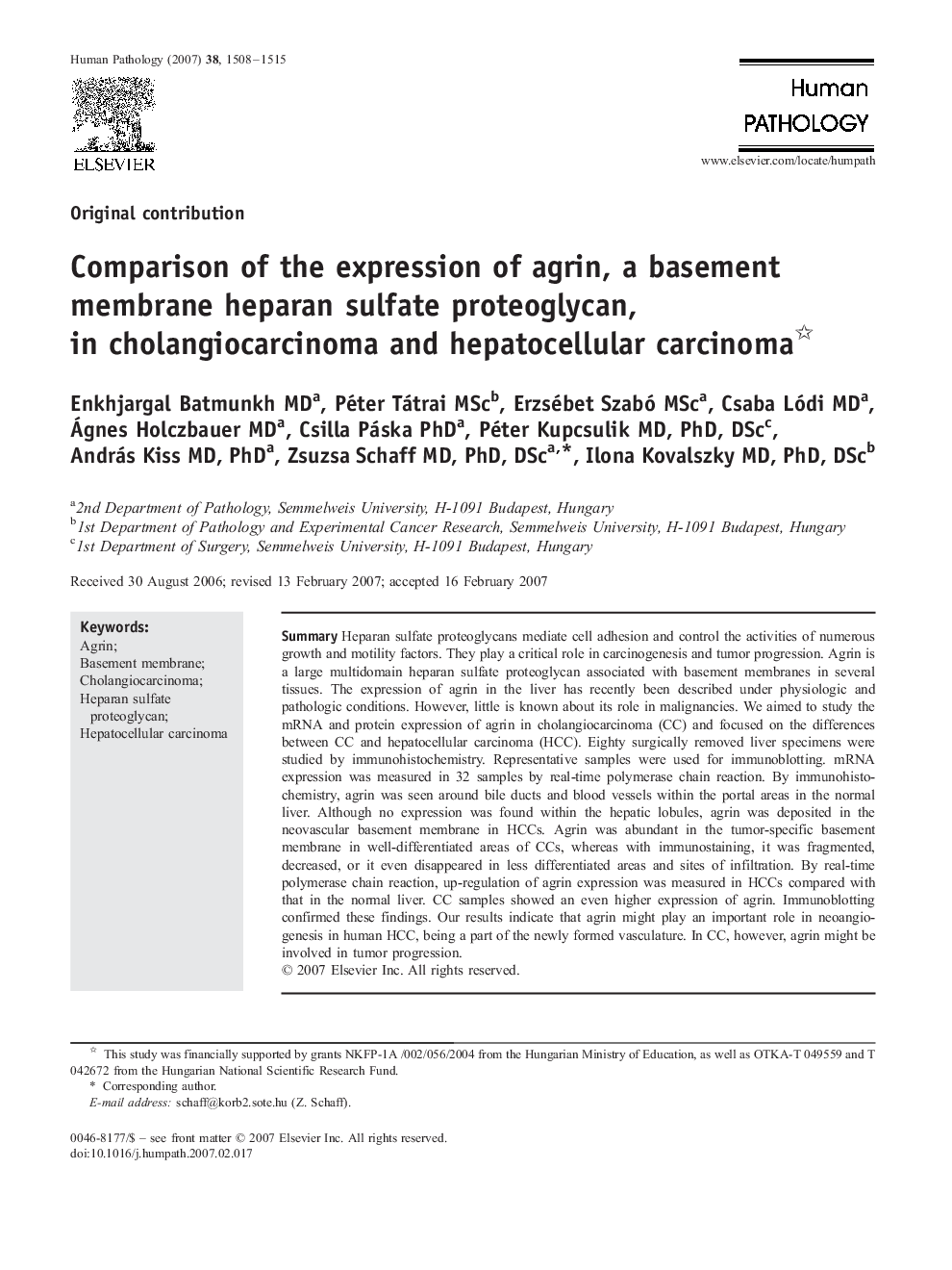 Comparison of the expression of agrin, a basement membrane heparan sulfate proteoglycan, in cholangiocarcinoma and hepatocellular carcinoma 