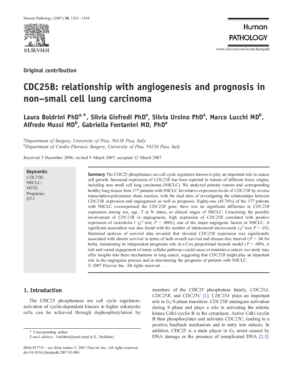 CDC25B: relationship with angiogenesis and prognosis in non–small cell lung carcinoma