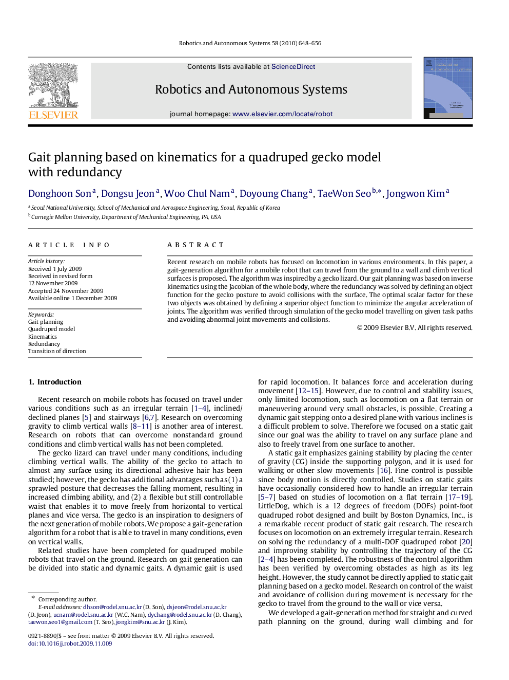 Gait planning based on kinematics for a quadruped gecko model with redundancy