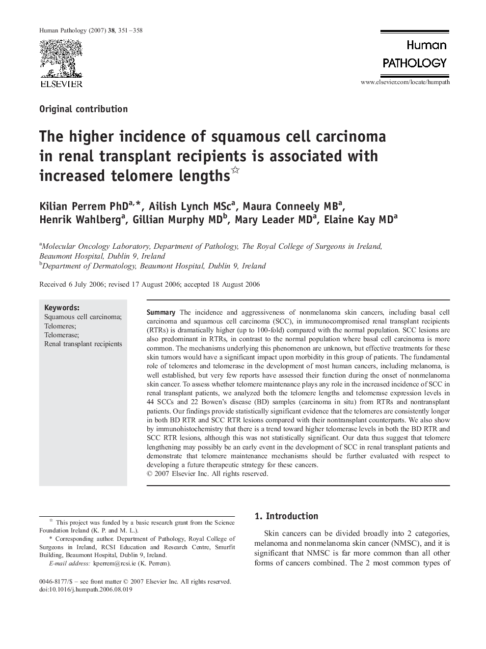 The higher incidence of squamous cell carcinoma in renal transplant recipients is associated with increased telomere lengths