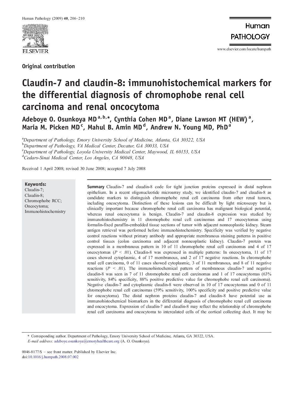 Claudin-7 and claudin-8: immunohistochemical markers for the differential diagnosis of chromophobe renal cell carcinoma and renal oncocytoma