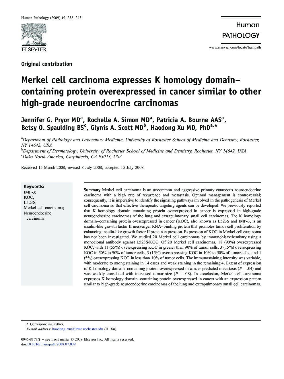 Merkel cell carcinoma expresses K homology domain–containing protein overexpressed in cancer similar to other high-grade neuroendocrine carcinomas
