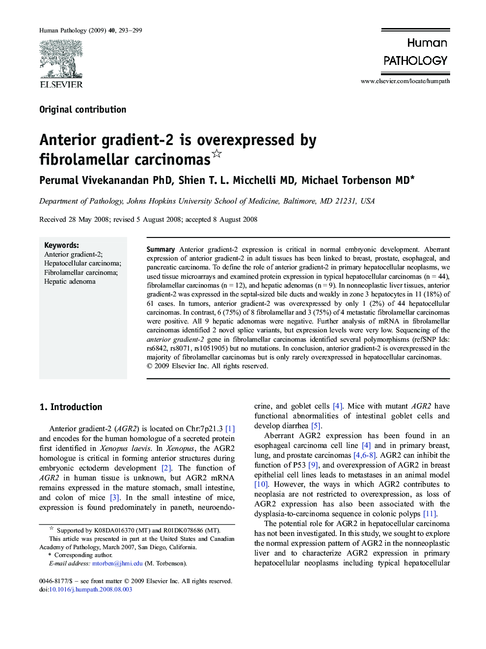 Anterior gradient-2 is overexpressed by fibrolamellar carcinomas 