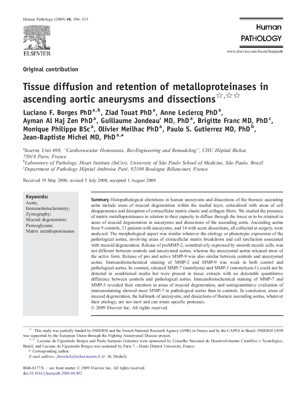 Tissue diffusion and retention of metalloproteinases in ascending aortic aneurysms and dissections 