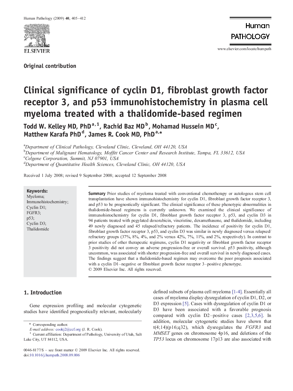 Clinical significance of cyclin D1, fibroblast growth factor receptor 3, and p53 immunohistochemistry in plasma cell myeloma treated with a thalidomide-based regimen