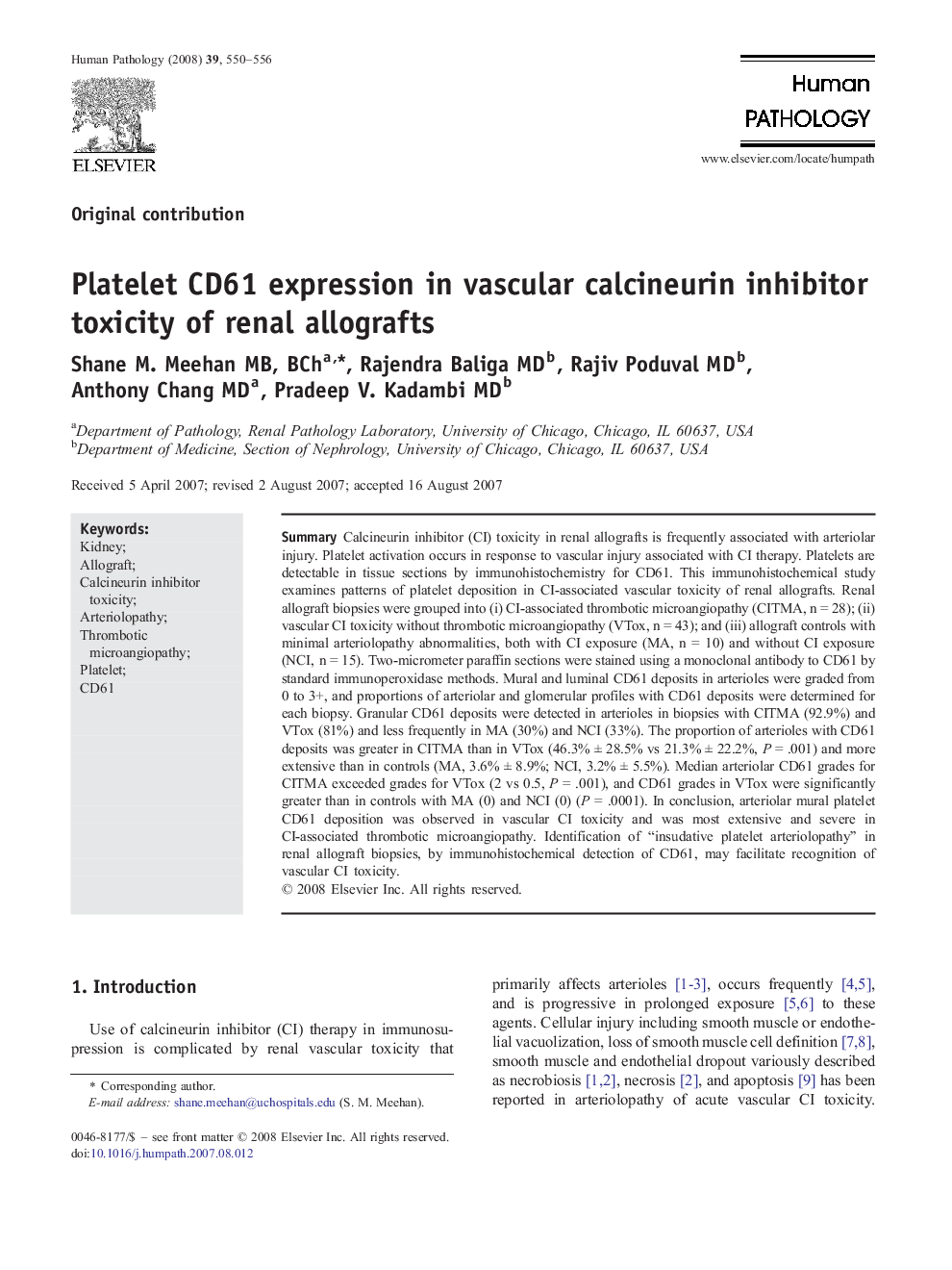 Platelet CD61 expression in vascular calcineurin inhibitor toxicity of renal allografts