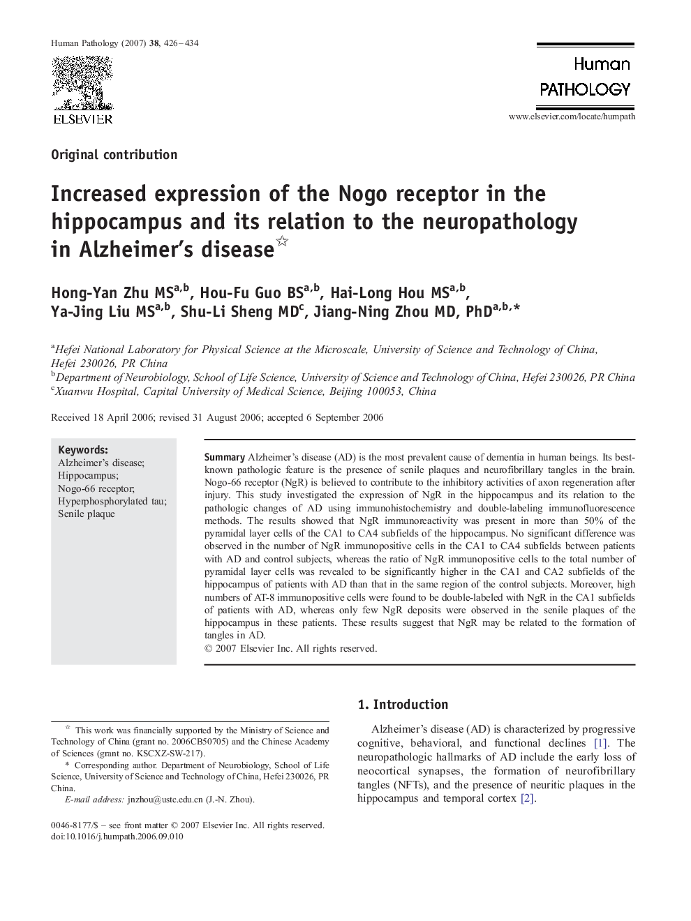 Increased expression of the Nogo receptor in the hippocampus and its relation to the neuropathology in Alzheimer's disease 