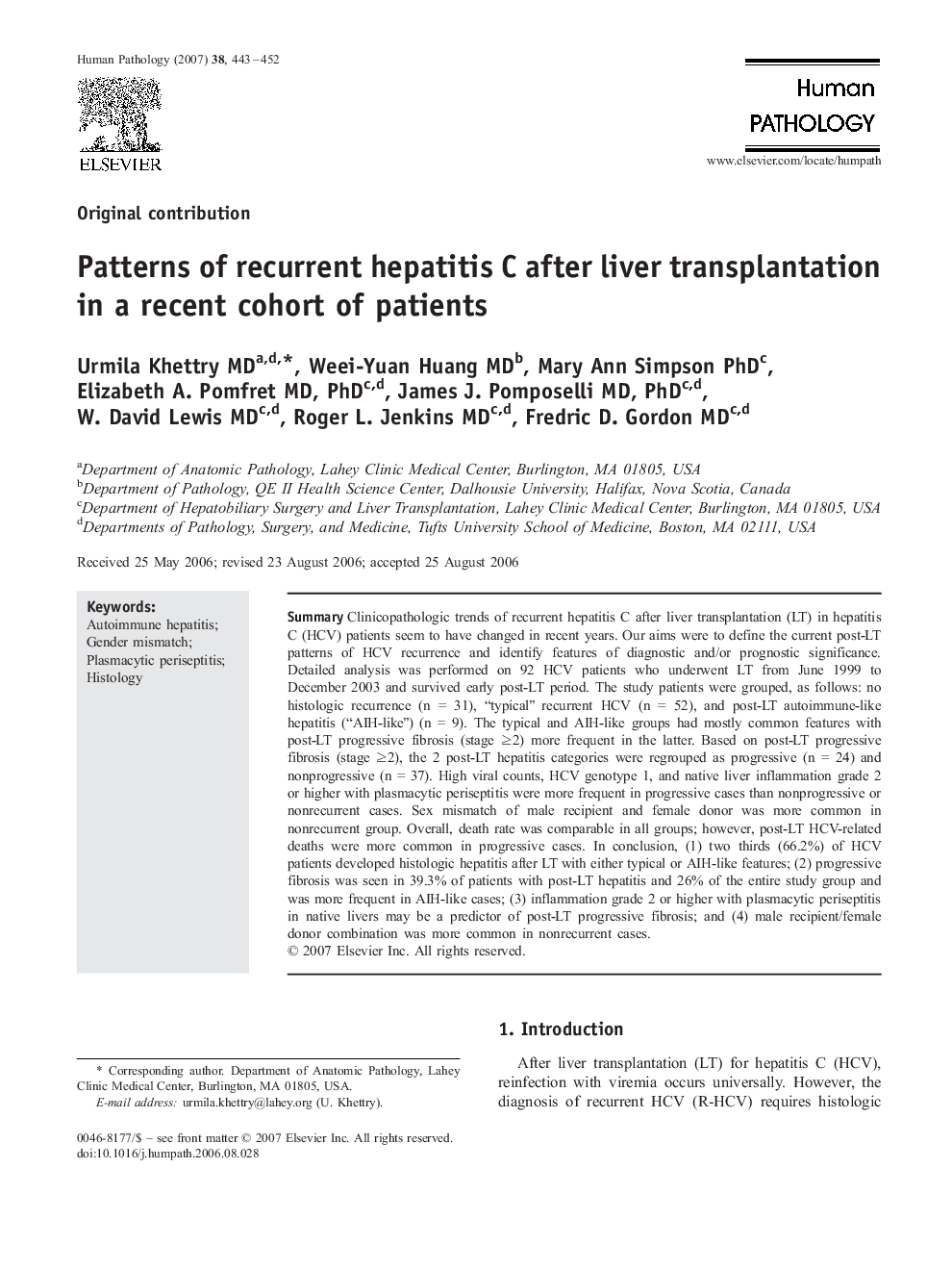 Patterns of recurrent hepatitis C after liver transplantation in a recent cohort of patients