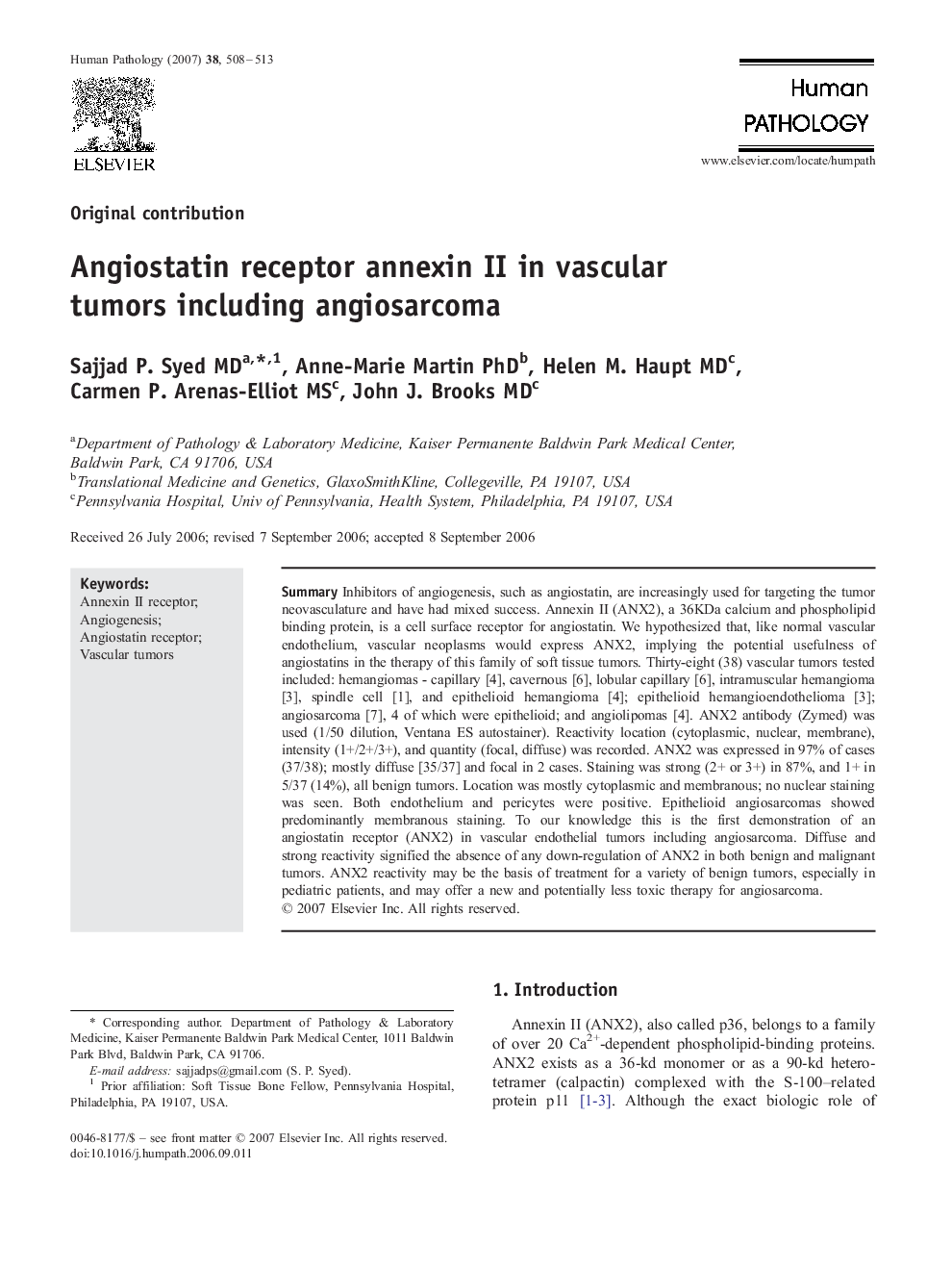 Angiostatin receptor annexin II in vascular tumors including angiosarcoma