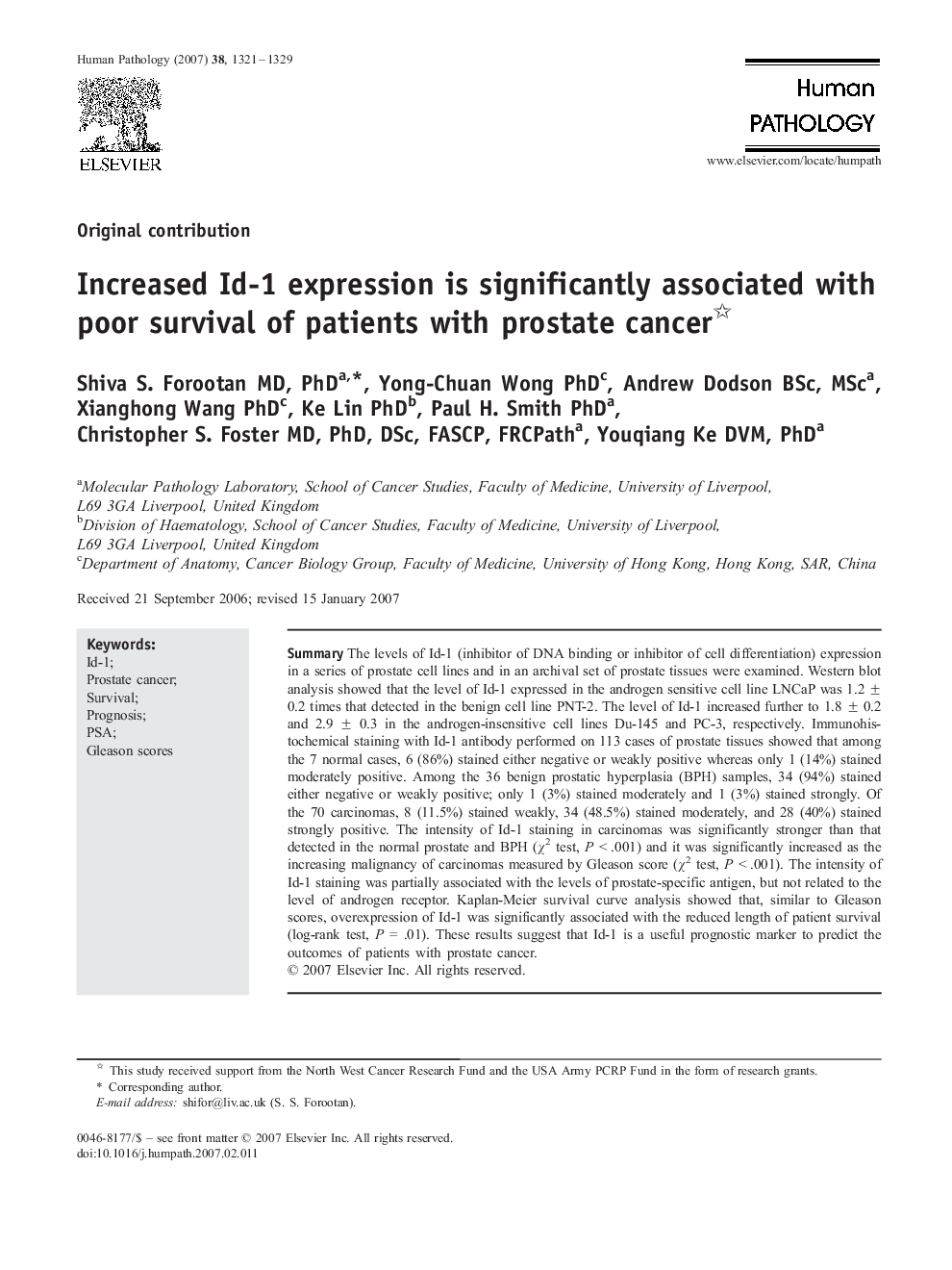 Increased Id-1 expression is significantly associated with poor survival of patients with prostate cancer 