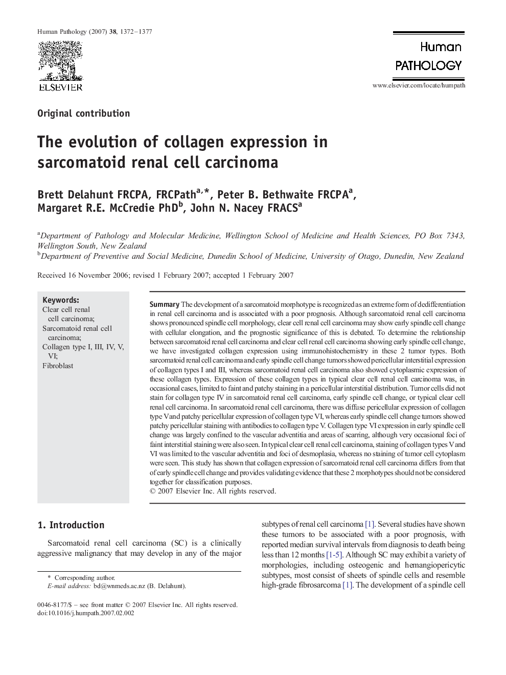 The evolution of collagen expression in sarcomatoid renal cell carcinoma