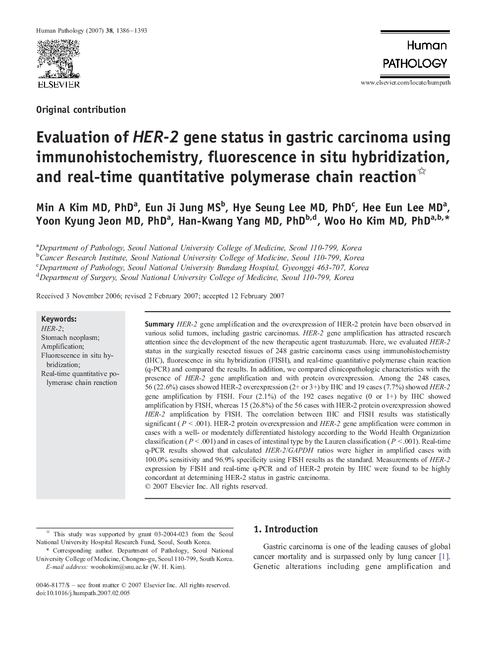 Evaluation of HER-2 gene status in gastric carcinoma using immunohistochemistry, fluorescence in situ hybridization, and real-time quantitative polymerase chain reaction 