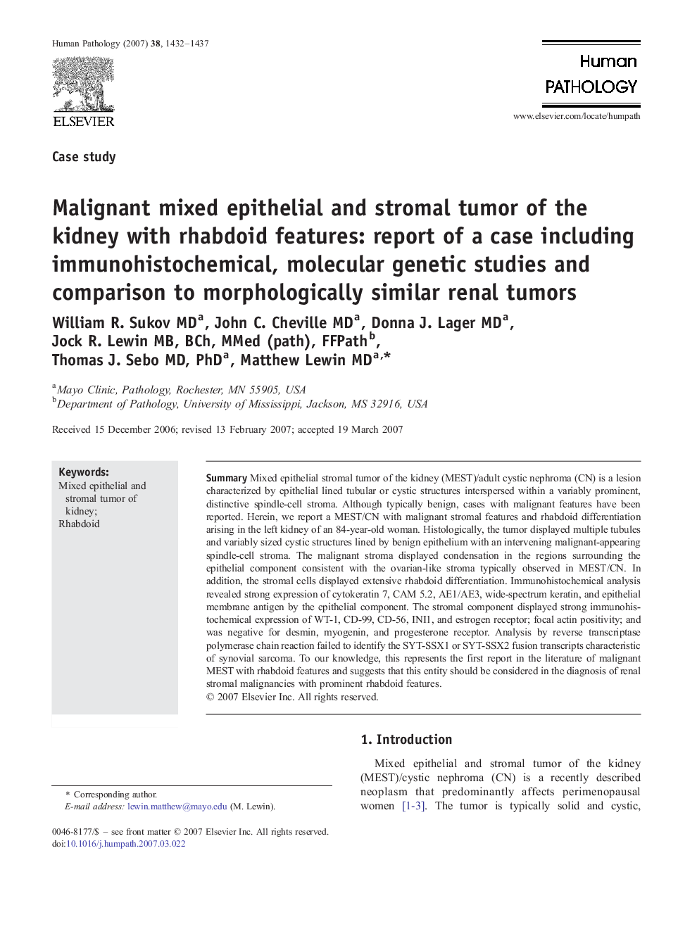 Malignant mixed epithelial and stromal tumor of the kidney with rhabdoid features: report of a case including immunohistochemical, molecular genetic studies and comparison to morphologically similar renal tumors