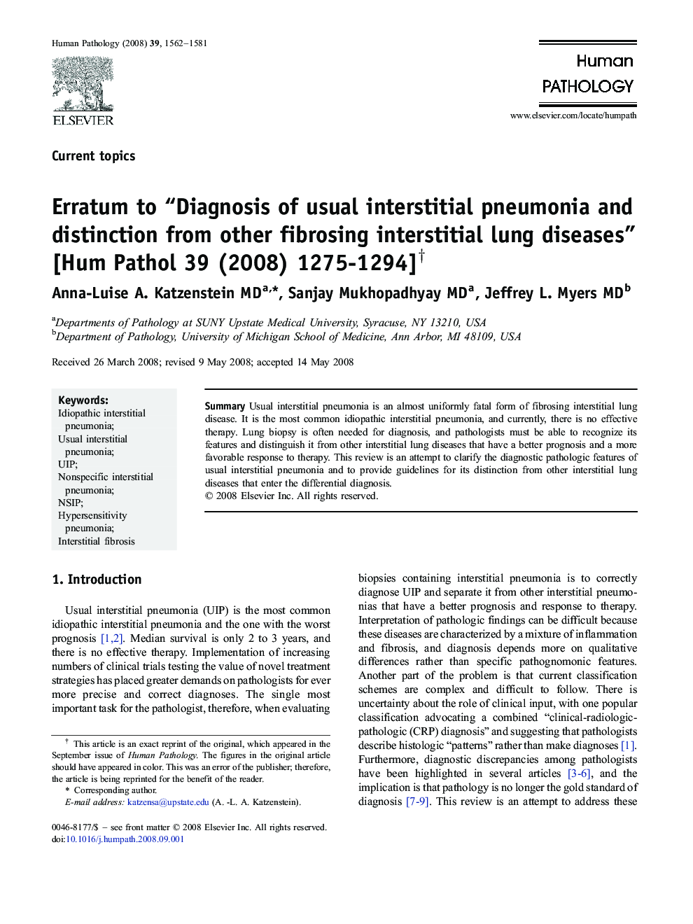 Erratum to “Diagnosis of usual interstitial pneumonia and distinction from other fibrosing interstitial lung diseases” [Hum Pathol 39 (2008) 1275-1294] †