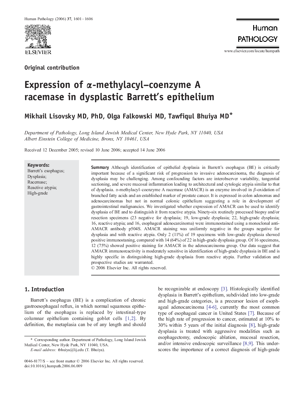 Expression of Î±-methylacyl-coenzyme A racemase in dysplastic Barrett's epithelium