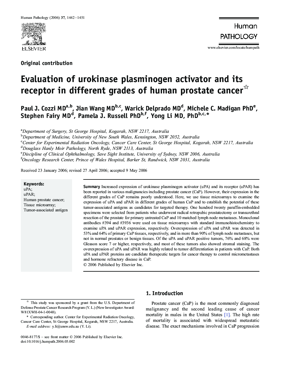 Evaluation of urokinase plasminogen activator and its receptor in different grades of human prostate cancer 