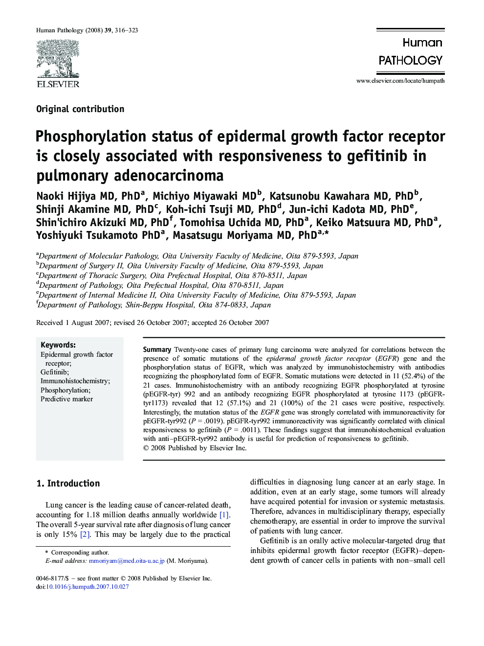 Phosphorylation status of epidermal growth factor receptor is closely associated with responsiveness to gefitinib in pulmonary adenocarcinoma