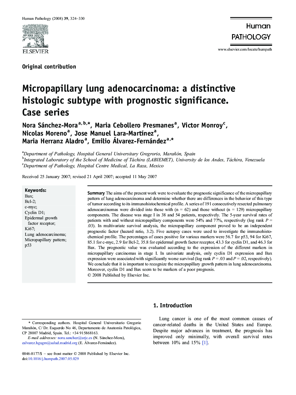 Micropapillary lung adenocarcinoma: a distinctive histologic subtype with prognostic significance. Case series