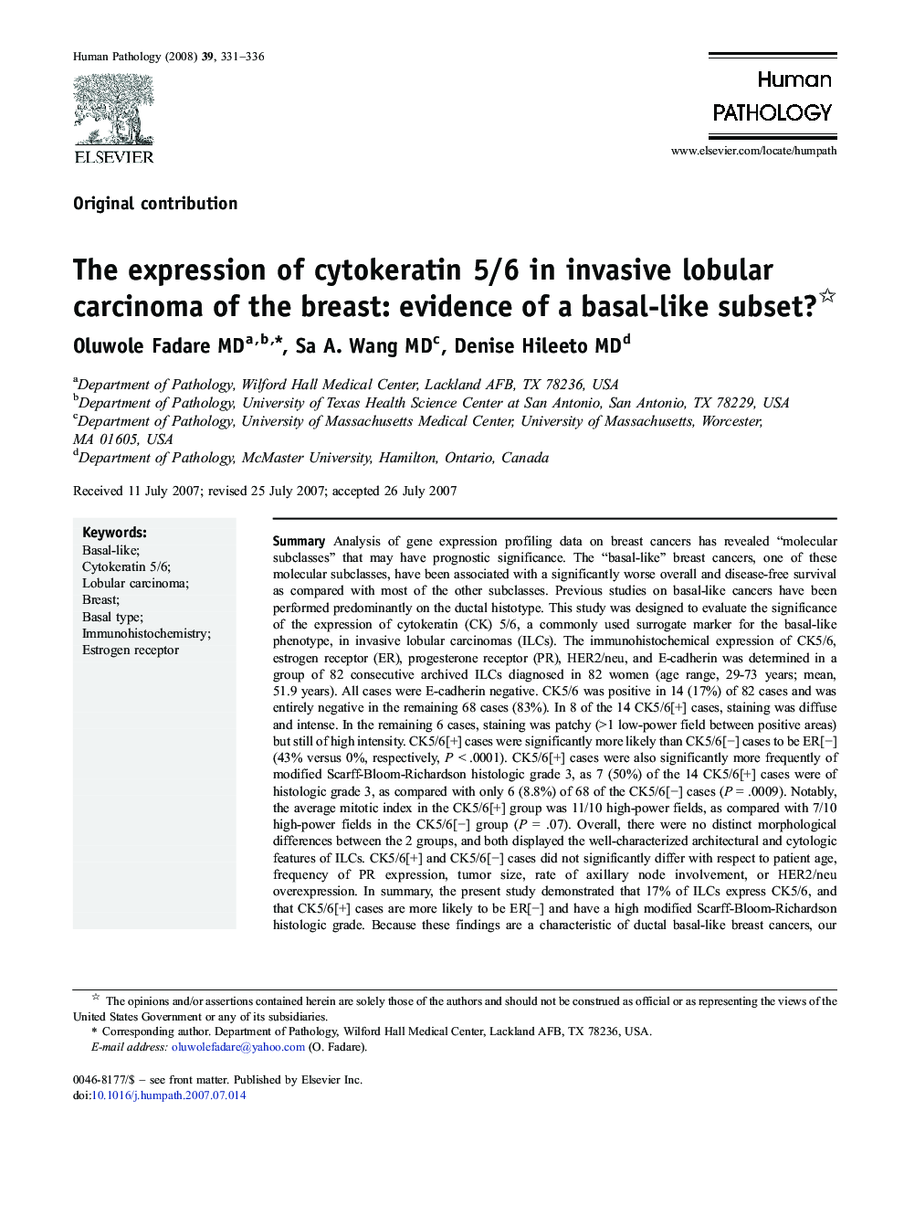 The expression of cytokeratin 5/6 in invasive lobular carcinoma of the breast: evidence of a “basal-like” subset?