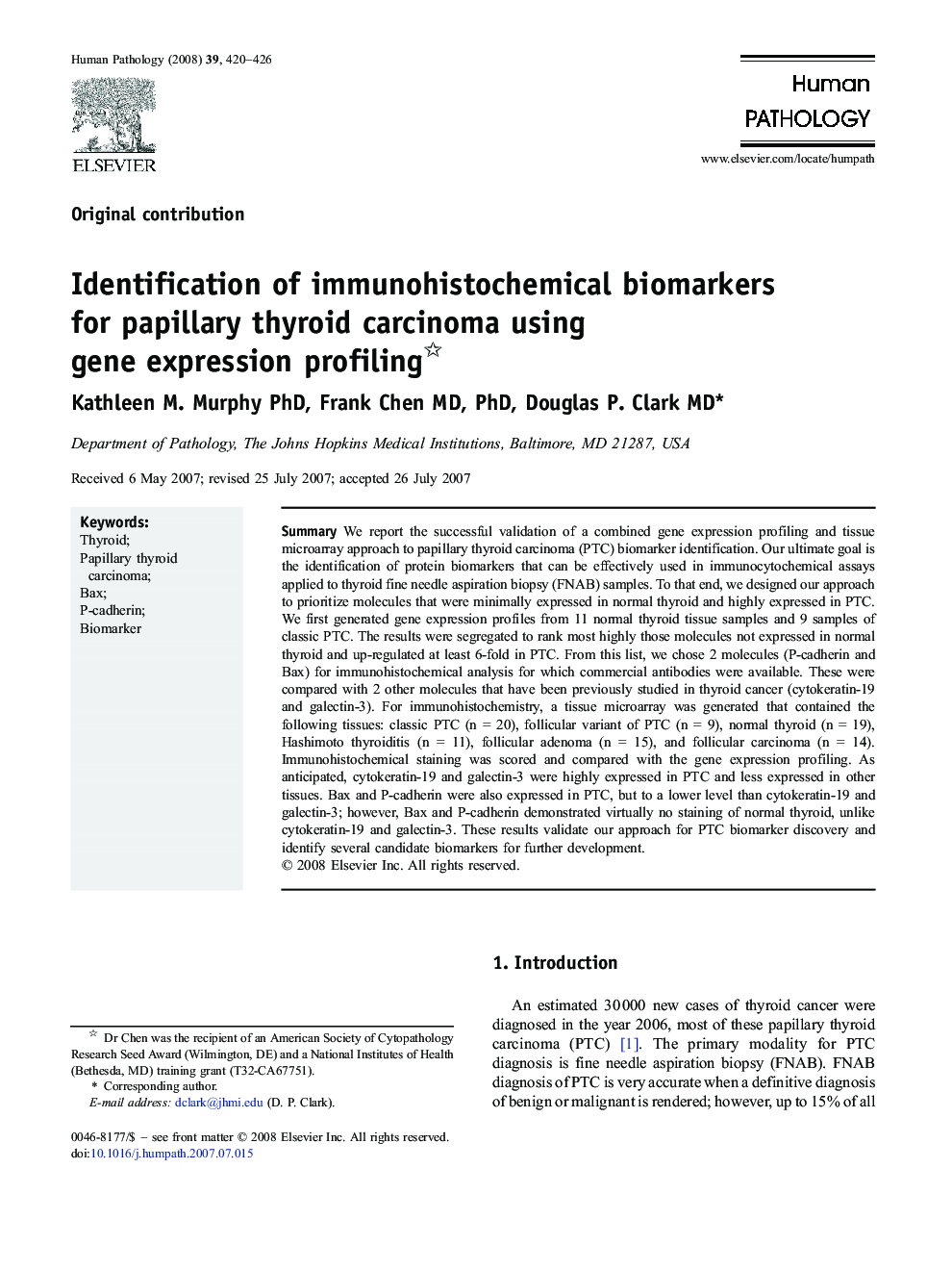 Identification of immunohistochemical biomarkers for papillary thyroid carcinoma using gene expression profiling 