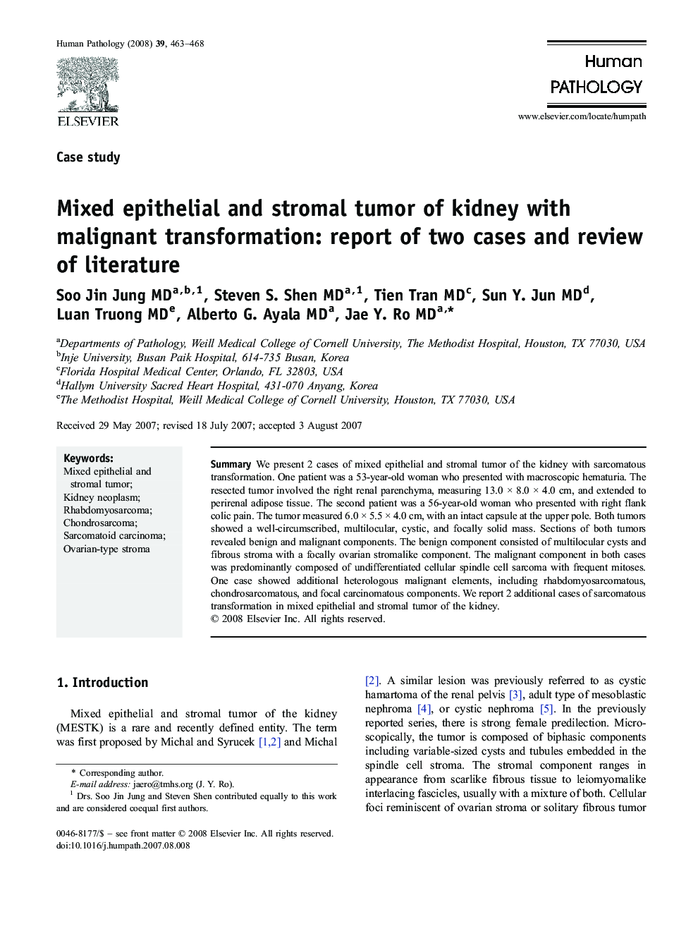 Mixed epithelial and stromal tumor of kidney with malignant transformation: report of two cases and review of literature
