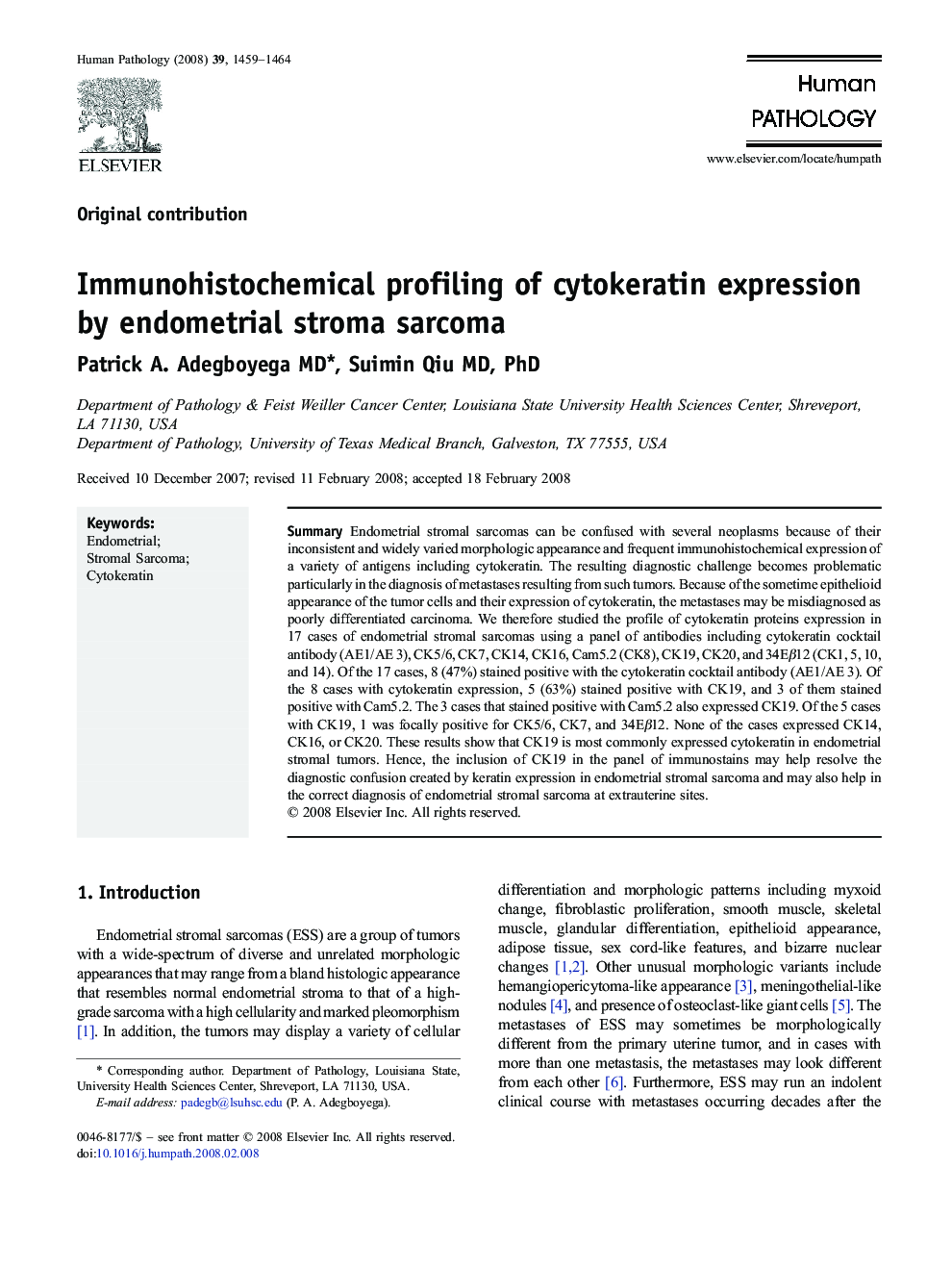 Immunohistochemical profiling of cytokeratin expression by endometrial stroma sarcoma