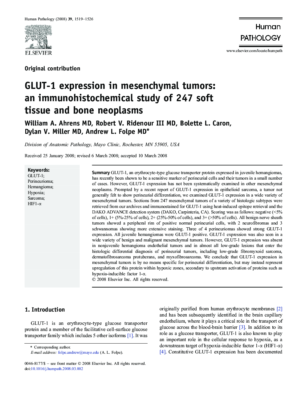 GLUT-1 expression in mesenchymal tumors: an immunohistochemical study of 247 soft tissue and bone neoplasms