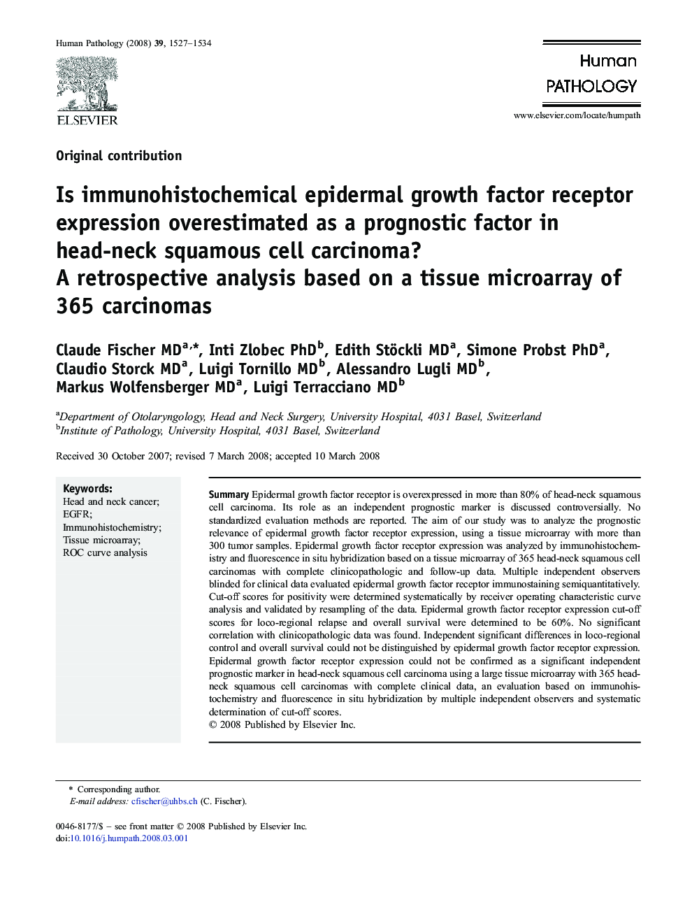 Is immunohistochemical epidermal growth factor receptor expression overestimated as a prognostic factor in head-neck squamous cell carcinoma?: A retrospective analysis based on a tissue microarray of 365 carcinomas