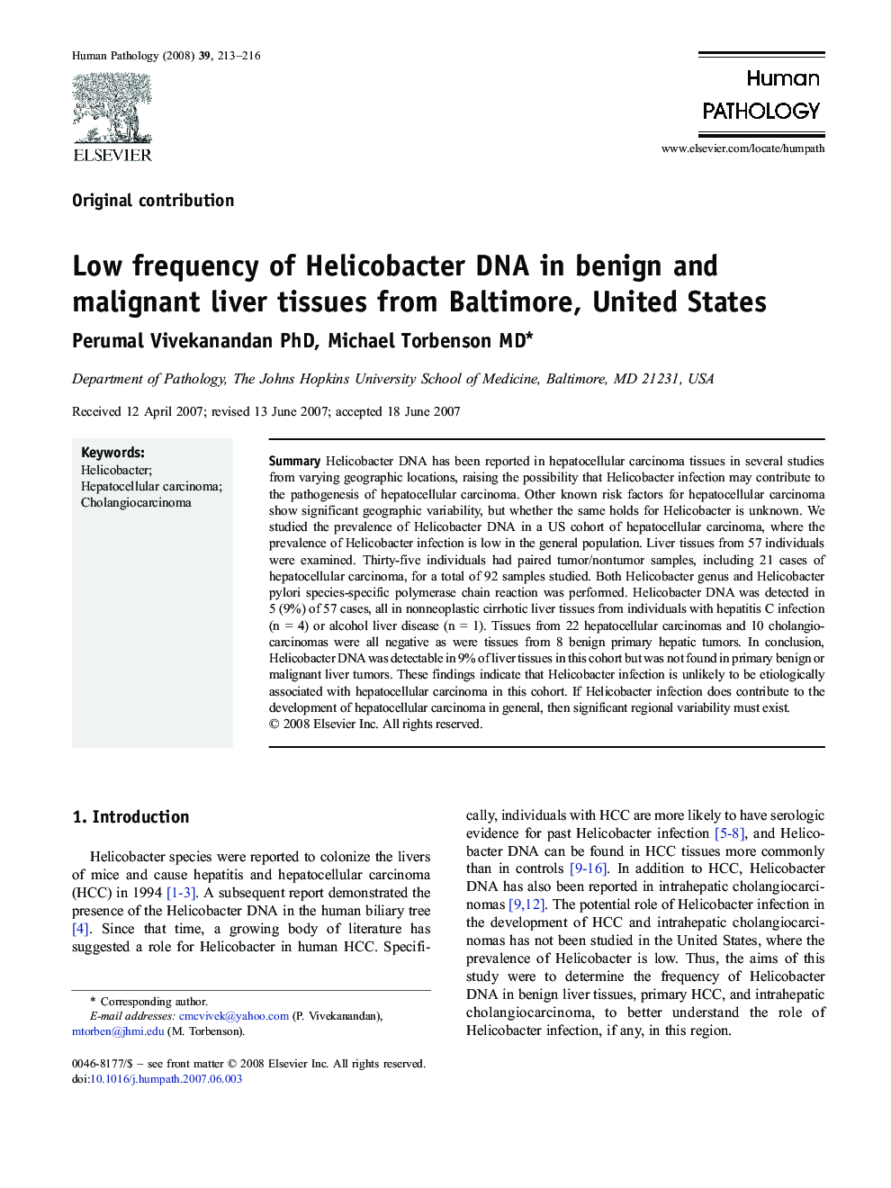 Low frequency of Helicobacter DNA in benign and malignant liver tissues from Baltimore, United States