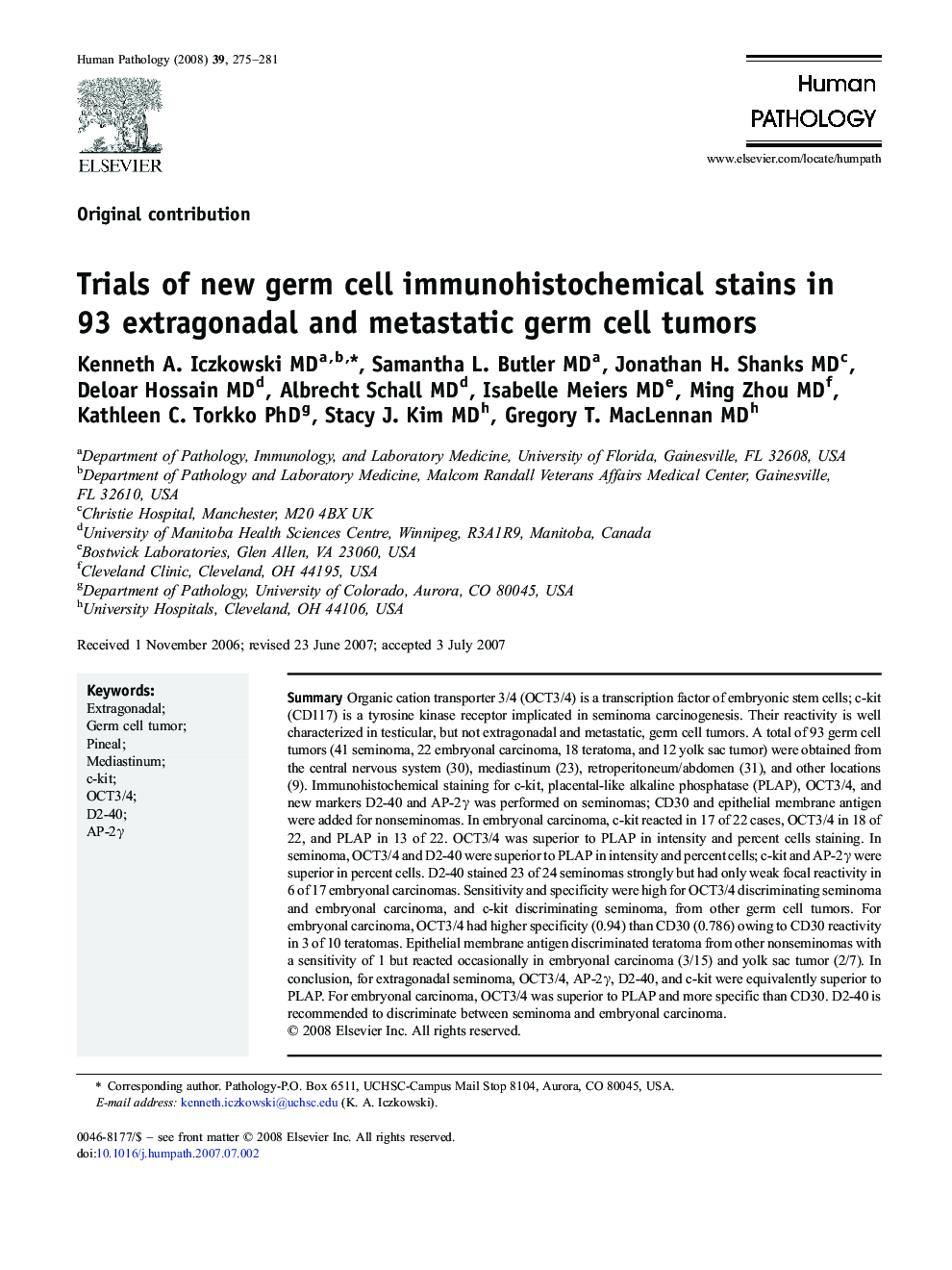 Trials of new germ cell immunohistochemical stains in 93 extragonadal and metastatic germ cell tumors