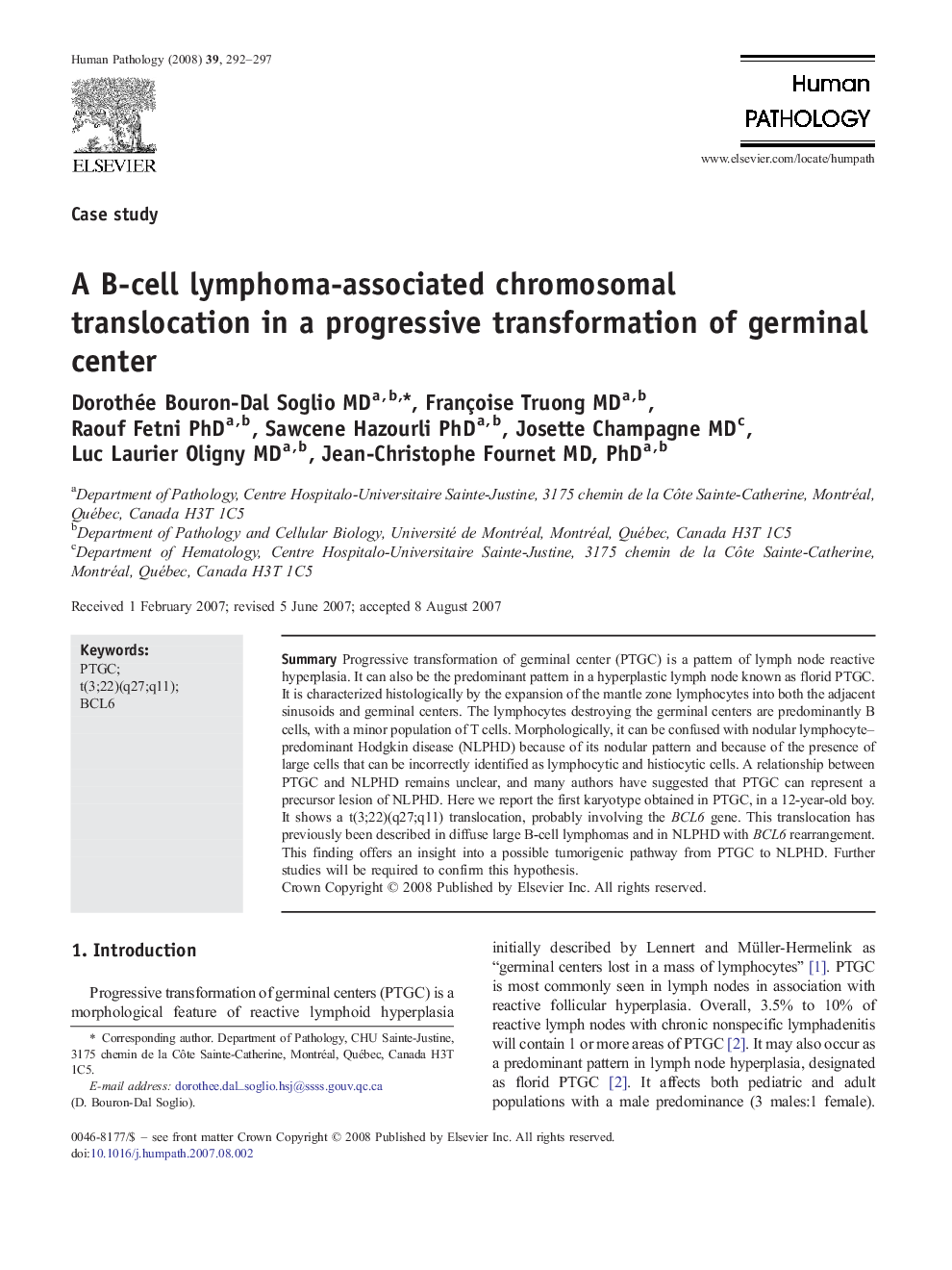 A B-cell lymphoma–associated chromosomal translocation in a progressive transformation of germinal center