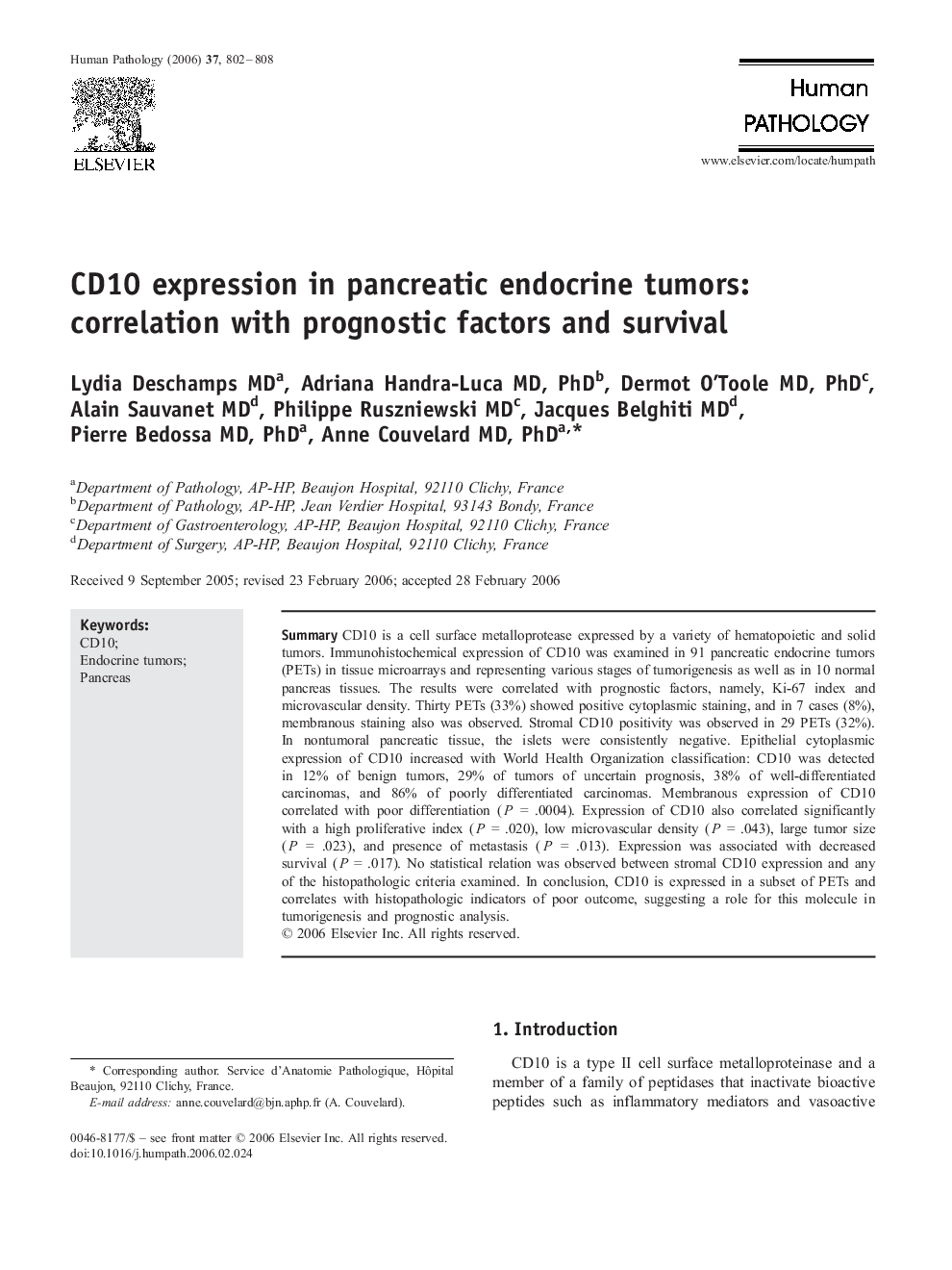 CD10 expression in pancreatic endocrine tumors: correlation with prognostic factors and survival